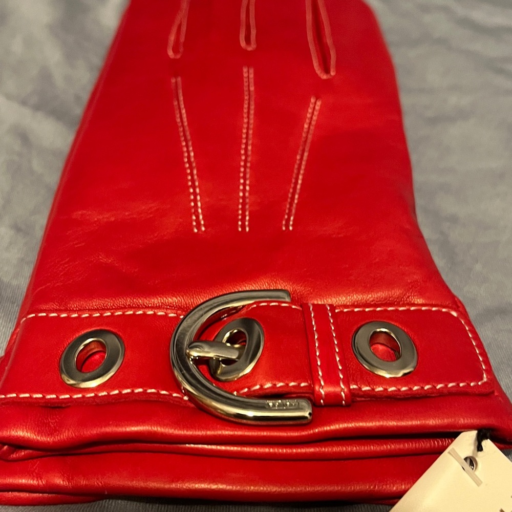 Coach Women's Red Leather Gloves with Buckle - Picture 5 of 7
